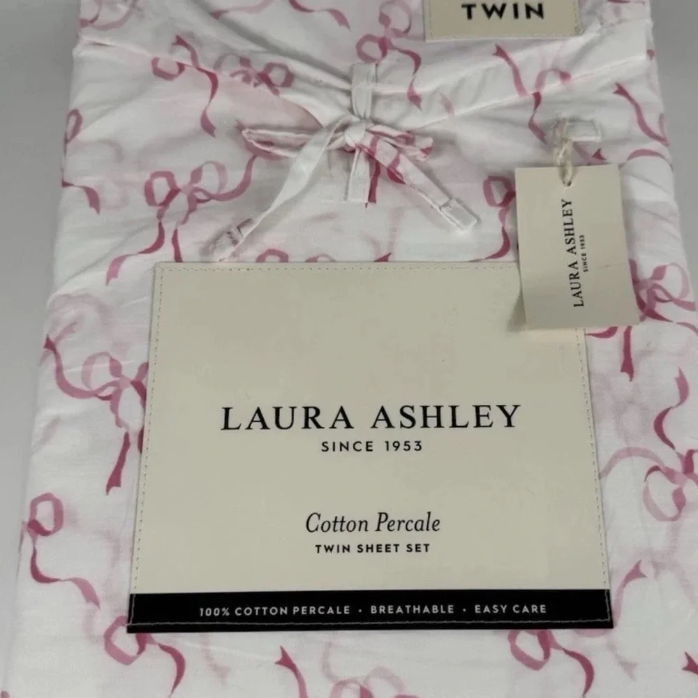 Laura Ashley ~ TWIN Pink Trailing Bows  100% Cotton Percale Breathable 3pc Set - Picture 5 of 6